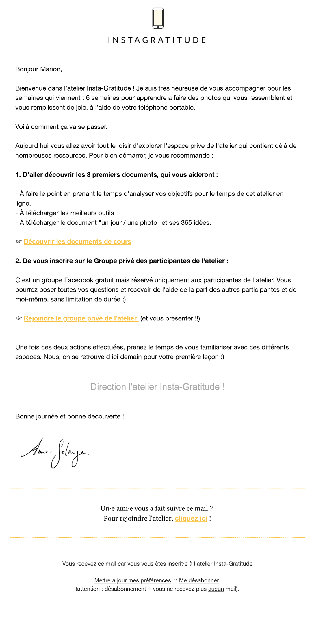 sequence onboarding formation Insta Gratitude Anne-Solange Tardy